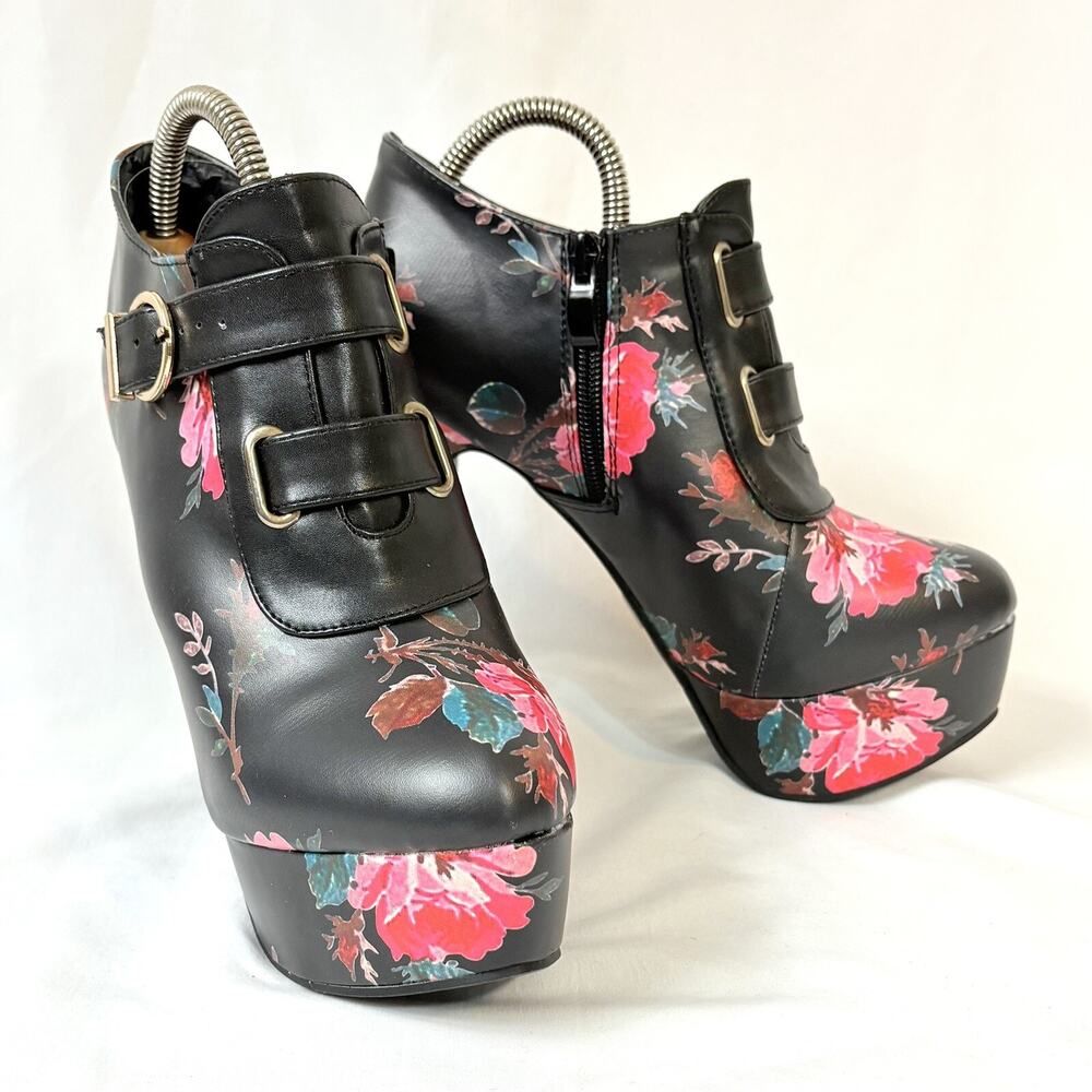 Show Story Black Floral Platform Buckle Bootie Stilettos Punk Size 41 / US 9